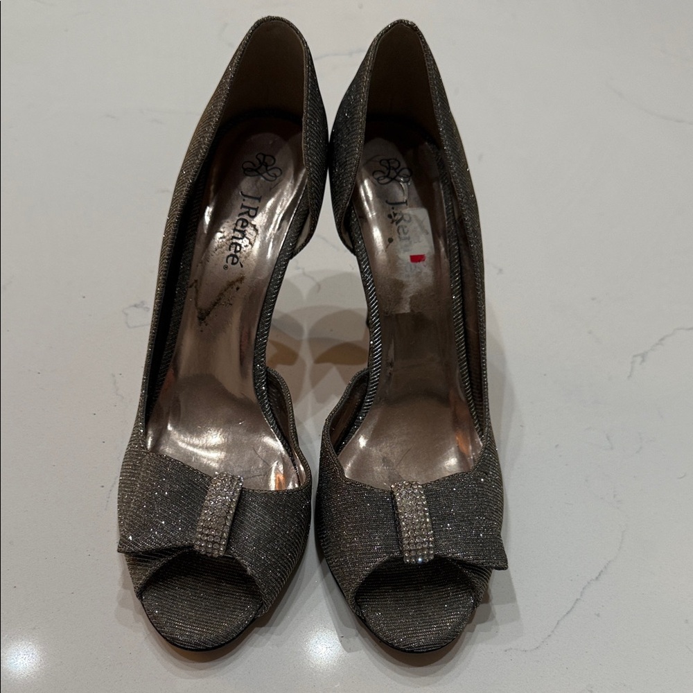 J.Renee Glittering gray metallic Peep-Toe Heels with rhinestone. Size 10.